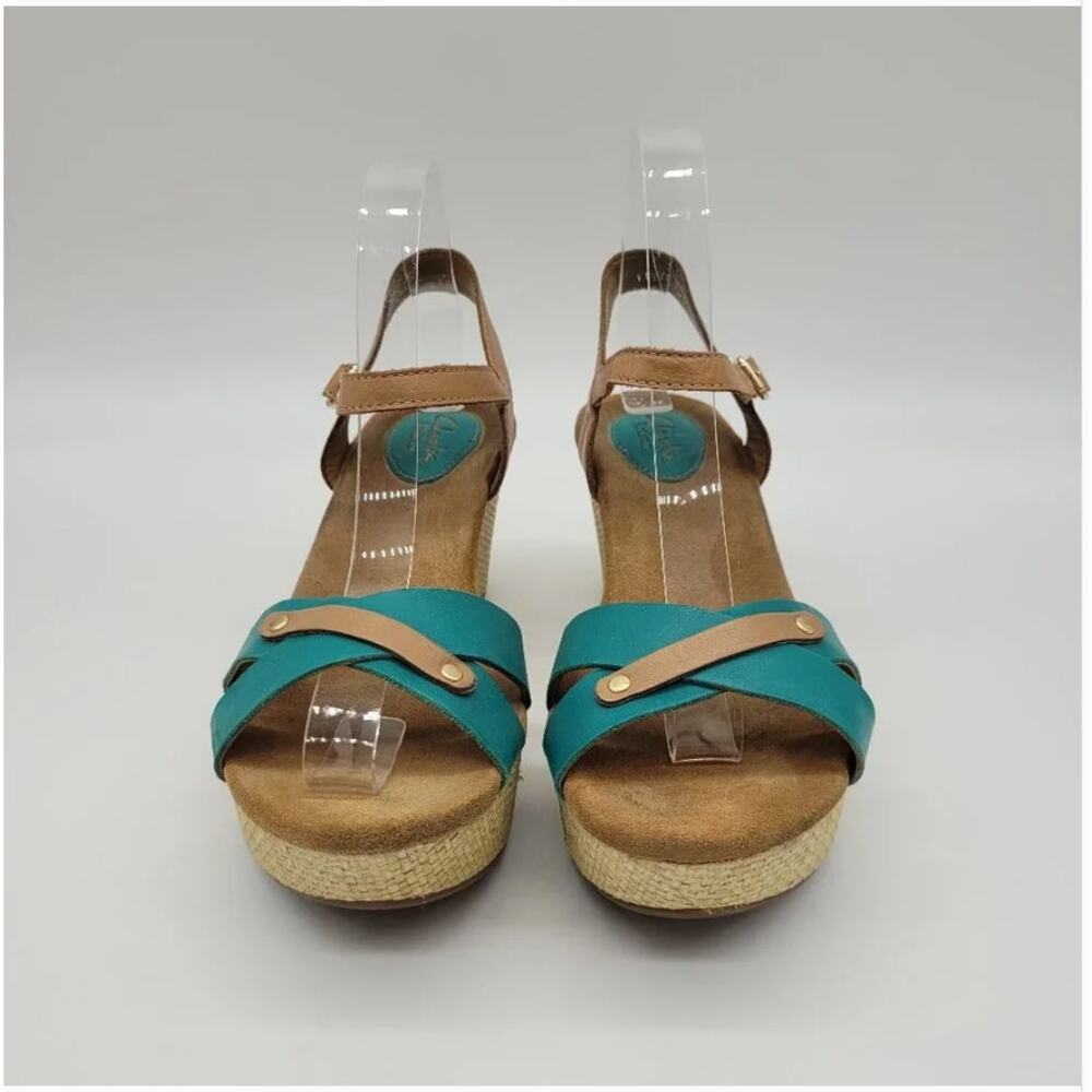 Clarks Teal and Tan Wedge Sandals - Picture 3 of 11